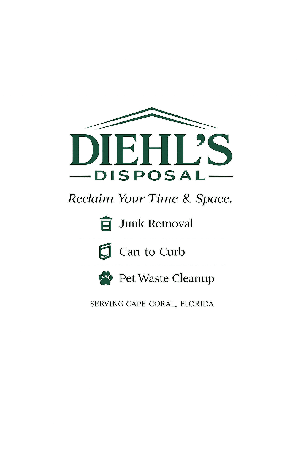 Diehl's Disposal logo for junk removal, can to curb, and pet waste cleanup in Florida.