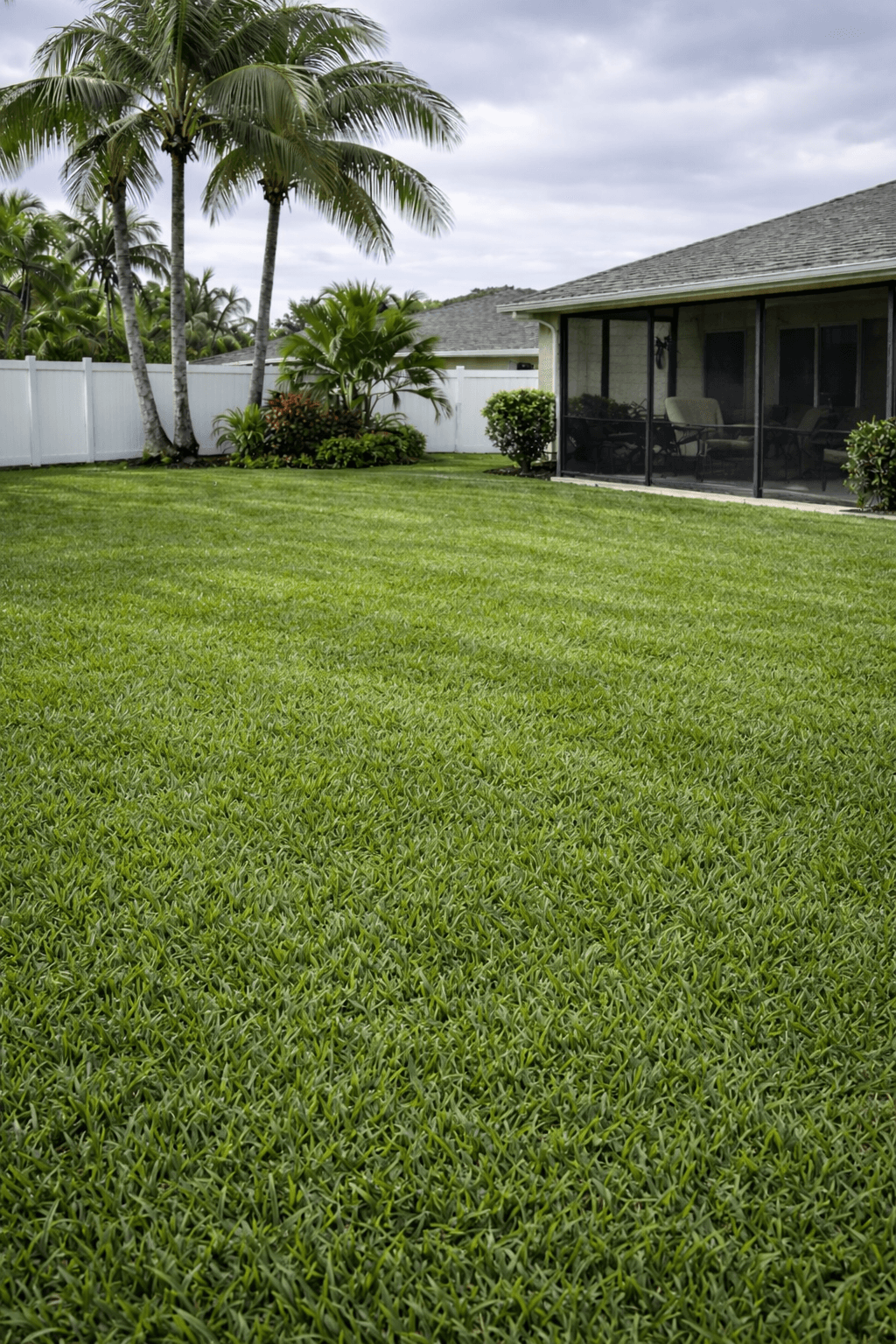 Lush green lawn in a tropical backyard with palm trees, white fence, and screened-in porch.